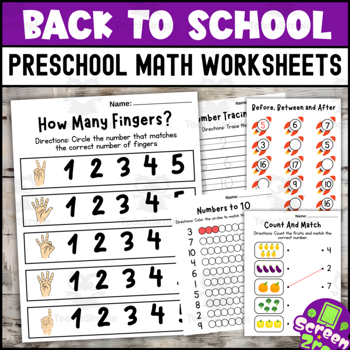 An educational teaching resource from screenzro entitled NO Prep Back to School Pre-K Math Worksheets Math Center Activities downloadable at Teach Simple.