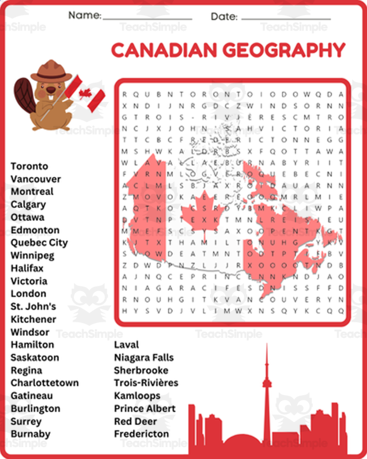 An educational teaching resource from space shope entitled NO PREP CANADIAN GEOGRAPHY - Map of Canada Word Search Worksheet downloadable at Teach Simple.