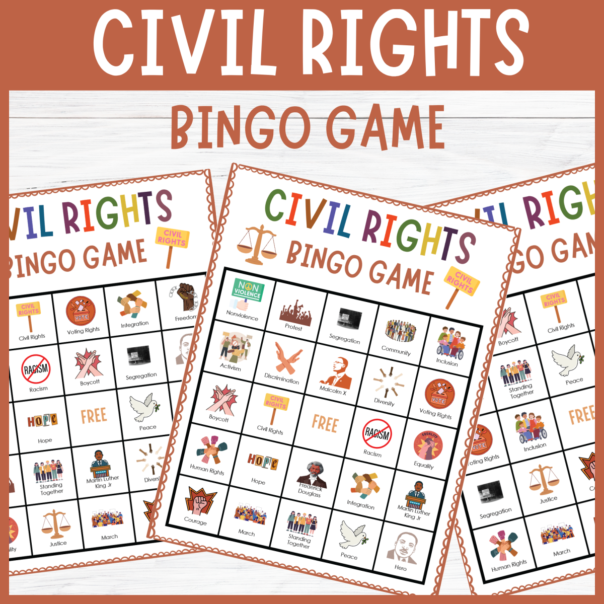 An educational teaching resource from Perfect_Printables entitled No Prep Civil Rights Vocabulary Bingo Games: Black History Month downloadable at Teach Simple.