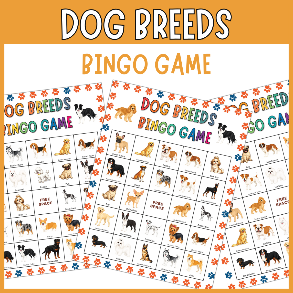 An educational teaching resource from The Clever Llama entitled No prep dog breeds bingo game pet animal puppy activities downloadable at Teach Simple.