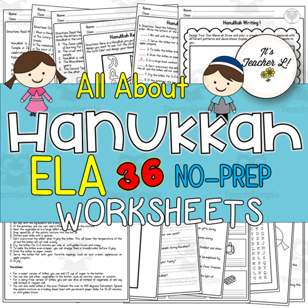 An educational teaching resource from It's Teacher L entitled No-Prep ELA:  Hanukkah Worksheets downloadable at Teach Simple.