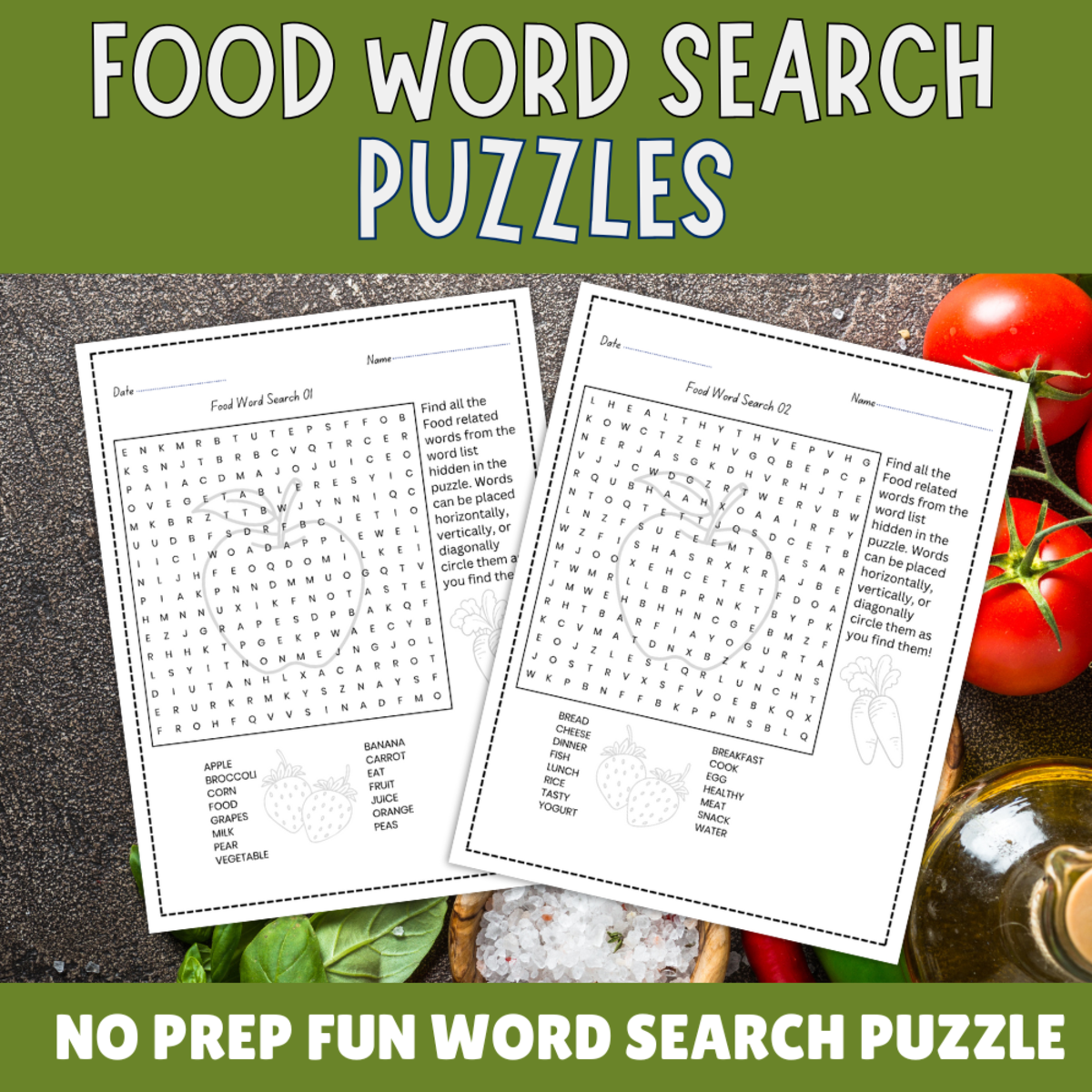 An educational teaching resource from Perfect_Printables entitled No Prep Foods Word Search Puzzles, Food Themed Vocabulary Activities downloadable at Teach Simple.