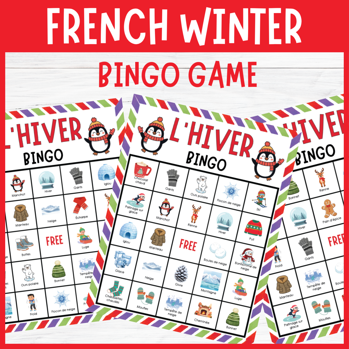 An educational teaching resource from Perfect_Printables entitled No Prep french winter bingo L'hiver Holiday Vocabulary Game Activities downloadable at Teach Simple.