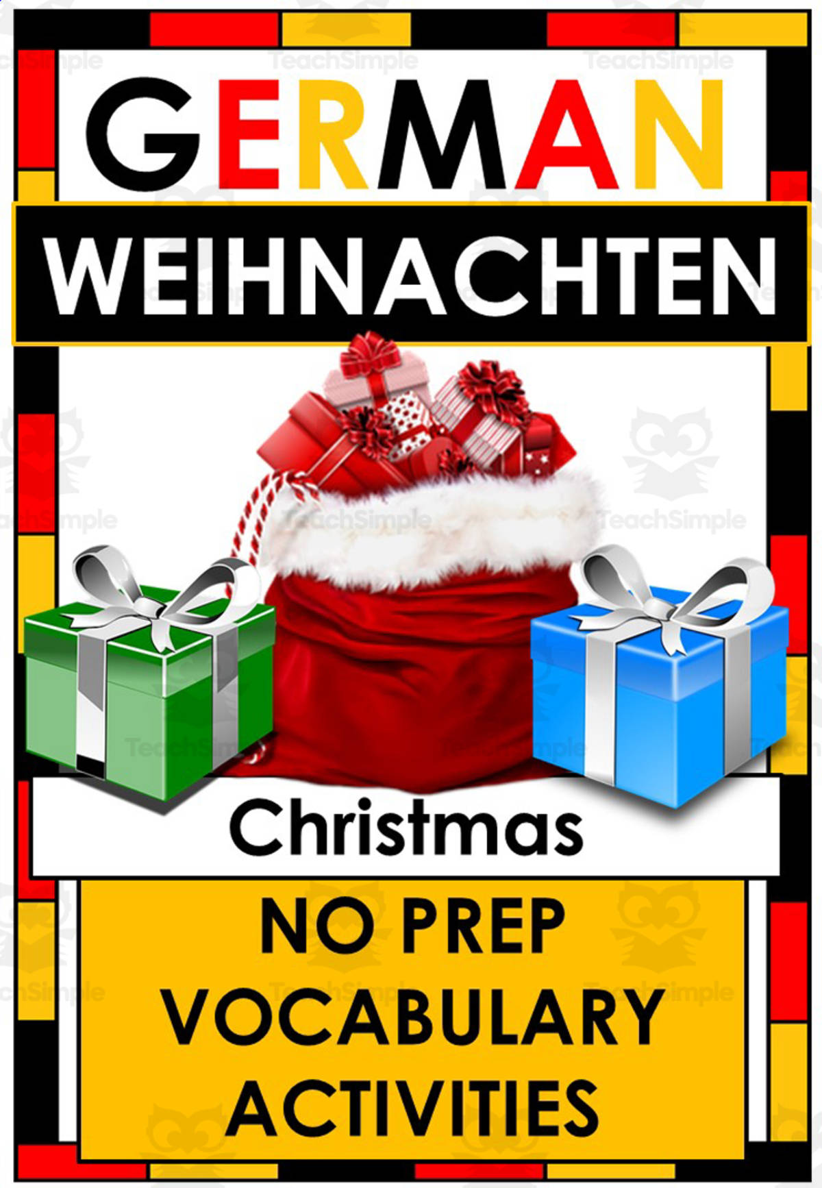 An educational teaching resource from Mr Smith's Stuff entitled NO PREP German Vocabulary Worksheets and ANSWER KEY -  Christmas / Weihnachten downloadable at Teach Simple.