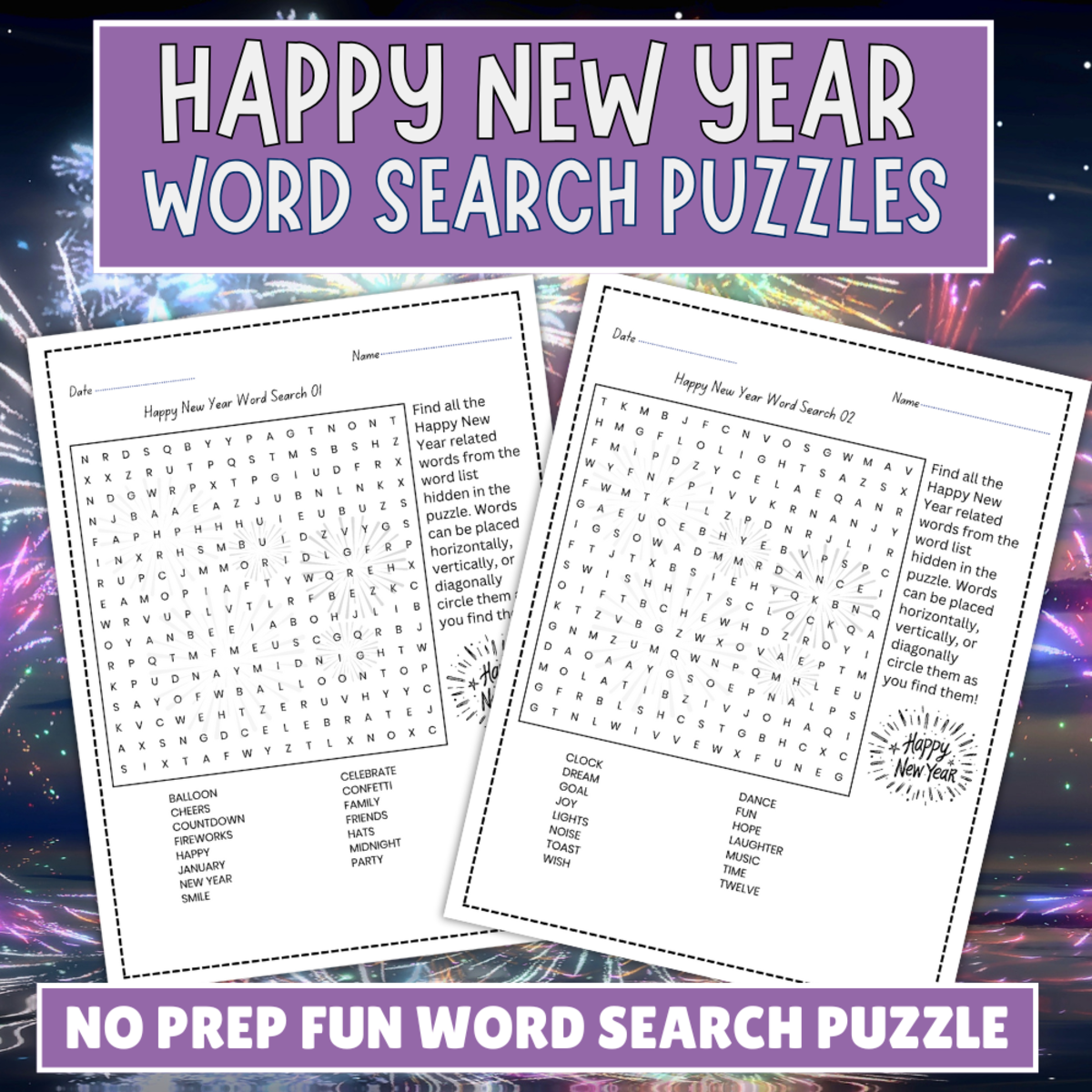 An educational teaching resource from Perfect_Printables entitled No Prep Happy New Year's Day Word Search Puzzle Worksheets For Kids downloadable at Teach Simple.