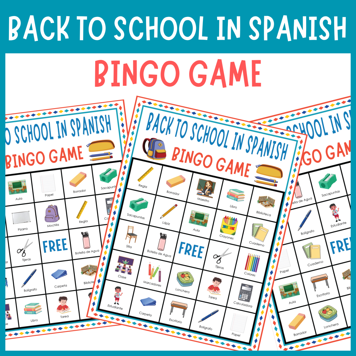 An educational teaching resource from The Clever Llama entitled No prep Loteria Escuela Back to School in Spanish Bingo game activitiy downloadable at Teach Simple.