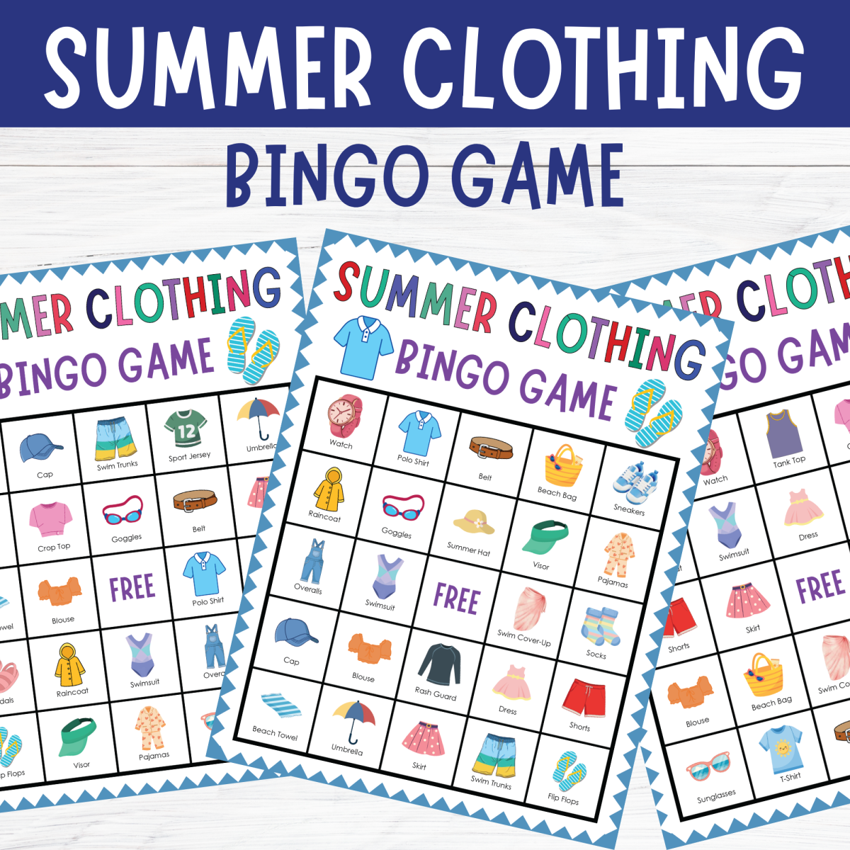 An educational teaching resource from Perfect_Printables entitled No Prep Summer Clothing Bingo Game: ESL Seasonal Holidays Activities downloadable at Teach Simple.
