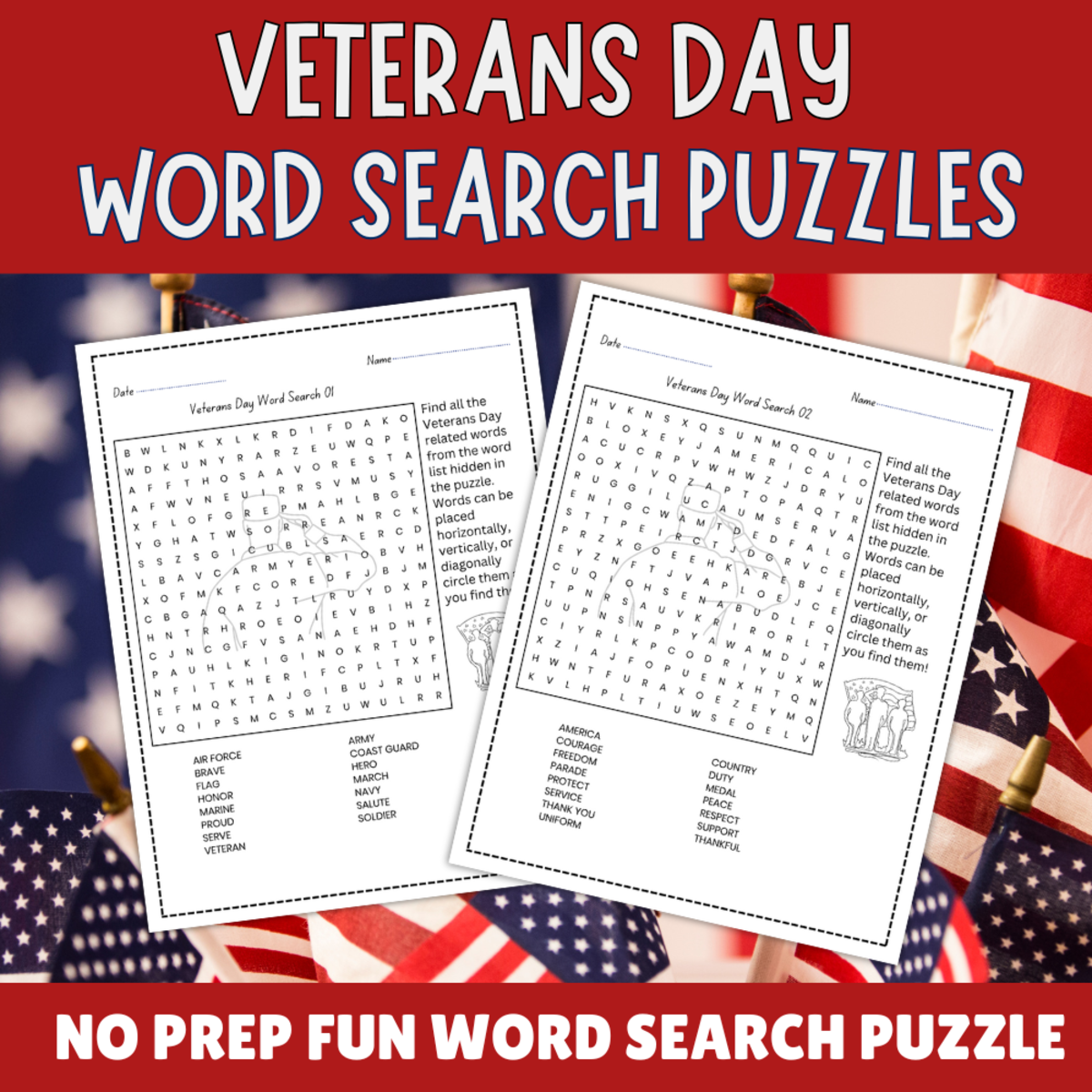 An educational teaching resource from Perfect_Printables entitled No Prep Veterans Day Word Search worksheet activity for kids downloadable at Teach Simple.