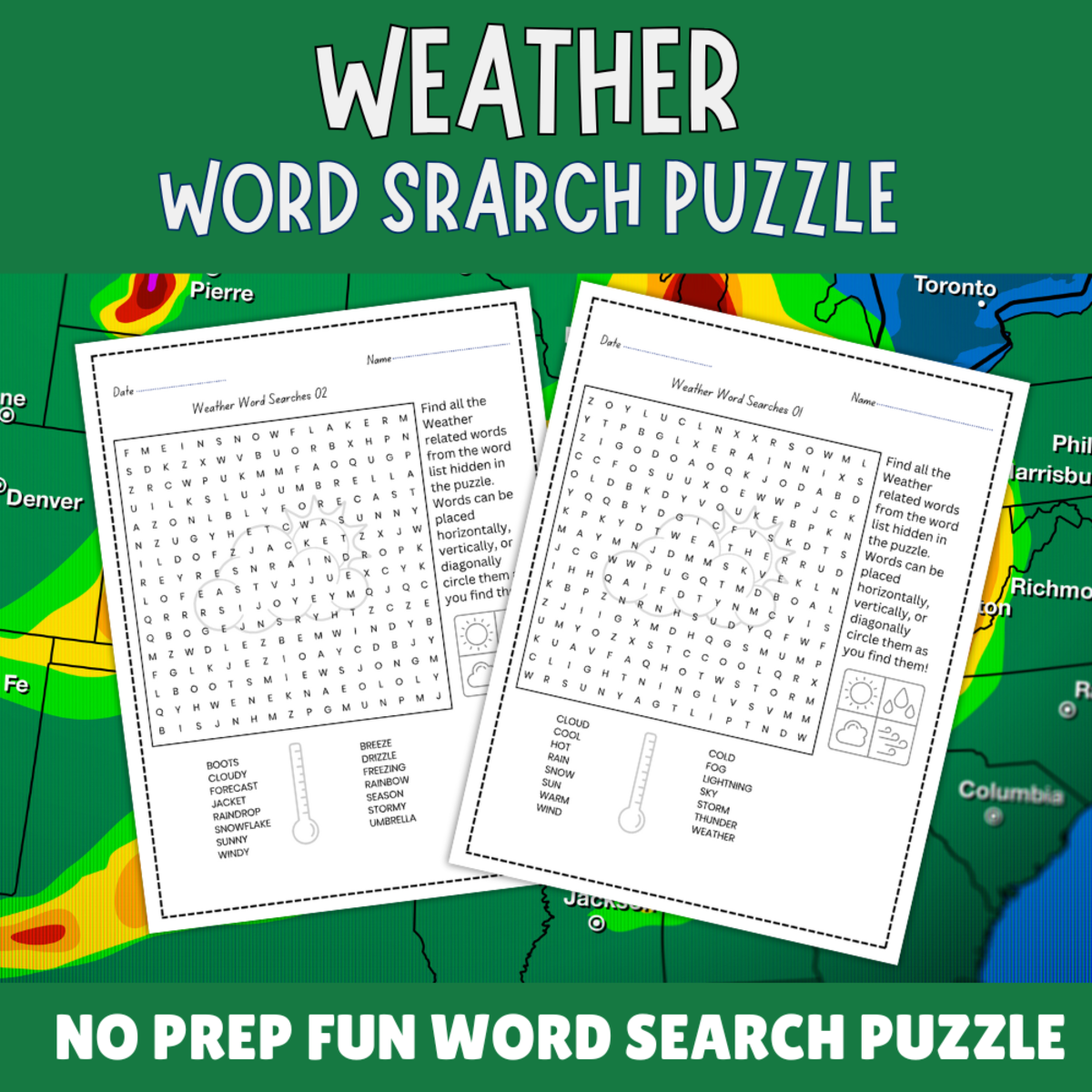 An educational teaching resource from Perfect_Printables entitled No Prep Weather Word Search, Climate Vocabulary Puzzles For Kids downloadable at Teach Simple.
