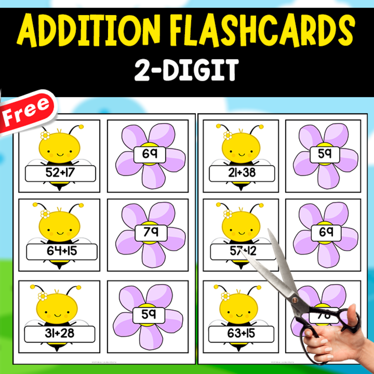 An educational teaching resource from EDITORIAL LAURA EDUCA entitled NO REGROUPING ADDITION MEMORY GAME | 2 DIGIT | 20 FLASHCARDS downloadable at Teach Simple.