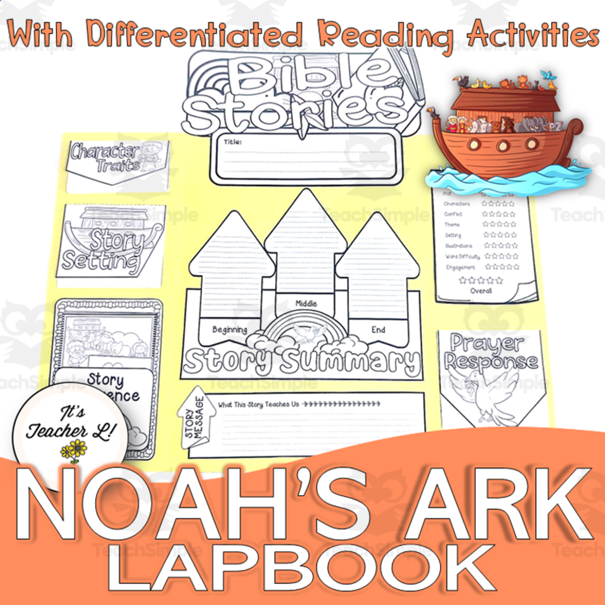 An educational teaching resource from It's Teacher L entitled Noah’s Ark Lapbook Grades 4 5 6 Bible Story ELA PROJECT downloadable at Teach Simple.