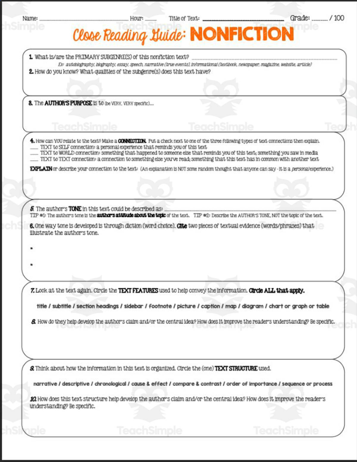 An educational teaching resource from Gerald's Gem entitled Nonfiction Close Reading Guide downloadable at Teach Simple.