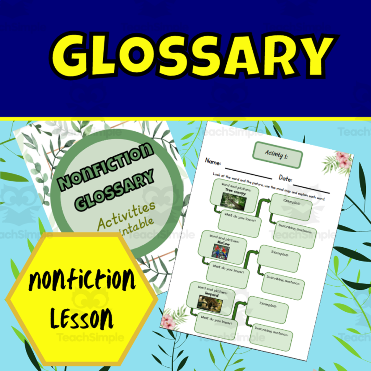An educational teaching resource from Ezee 101 entitled Nonfiction glossary worksheets downloadable at Teach Simple.