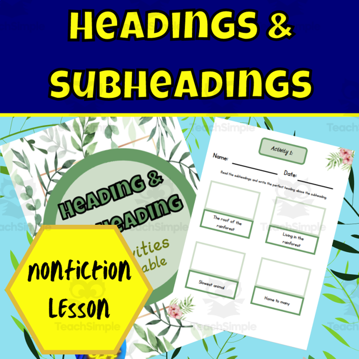 An educational teaching resource from Ezee 101 entitled Nonfiction Headings & Subheadings Worksheets downloadable at Teach Simple.