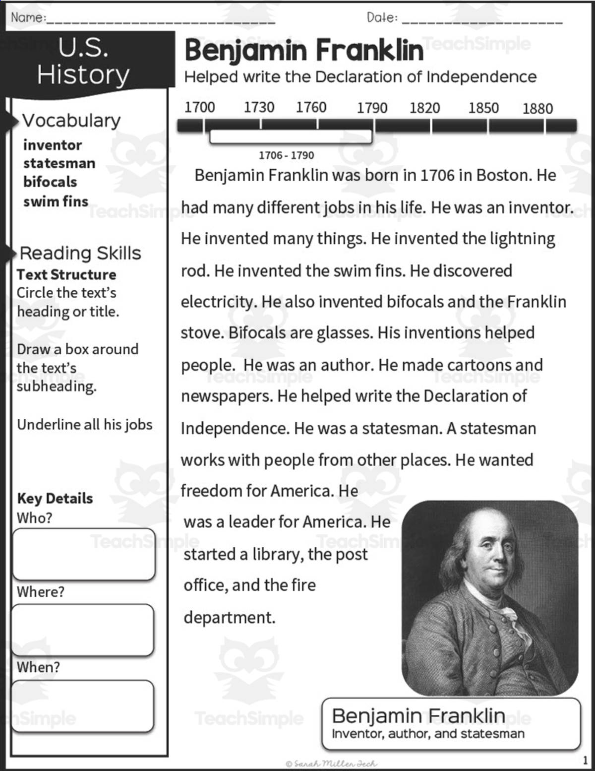 An educational teaching resource from Sarah Miller Tech entitled Nonfiction Reading Packet: Benjamin Franklin downloadable at Teach Simple.