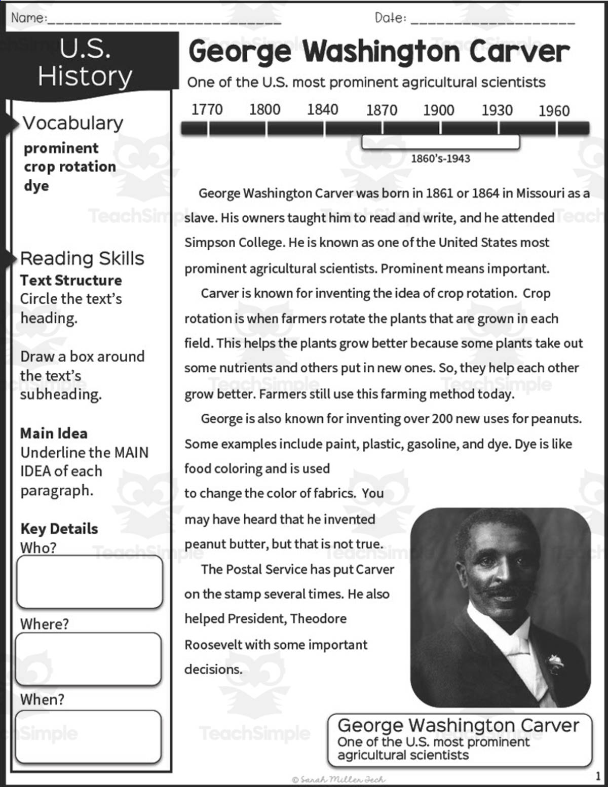 An educational teaching resource from Sarah Miller Tech entitled Nonfiction Reading Packet: George Washington Carver downloadable at Teach Simple.
