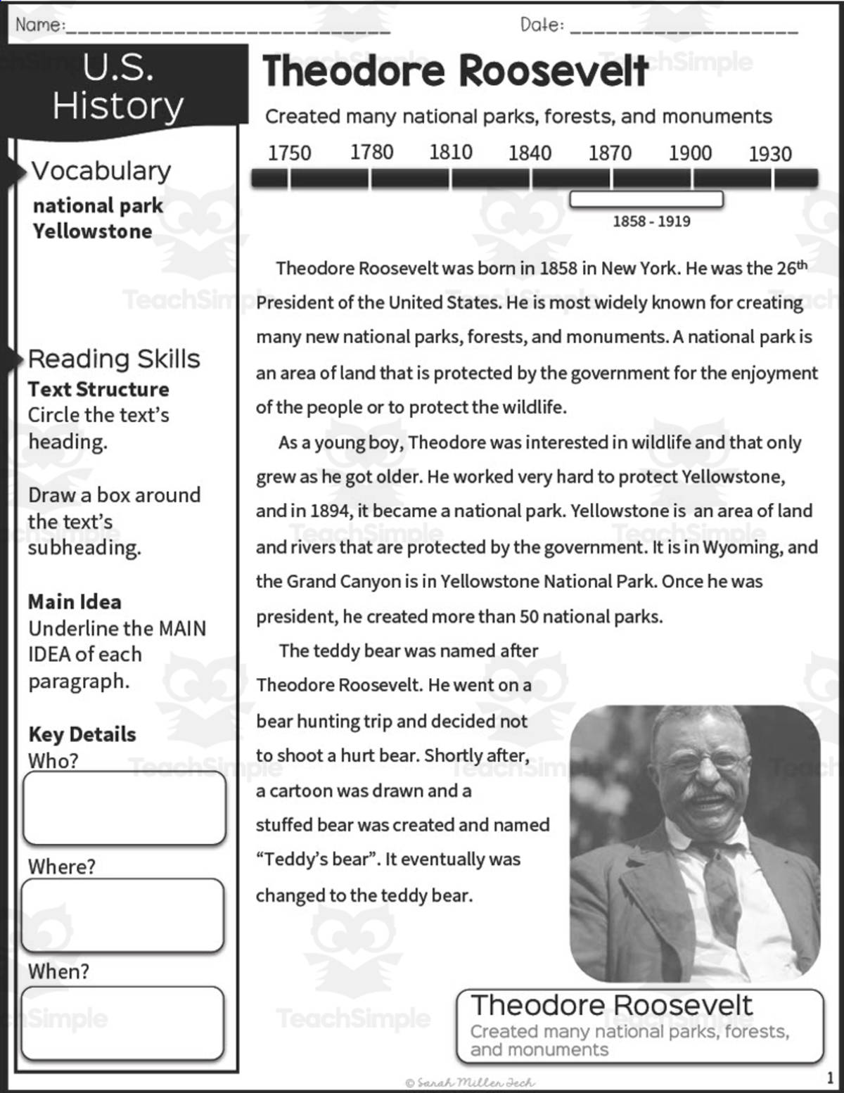 An educational teaching resource from Sarah Miller Tech entitled Nonfiction Reading Packet: Theodore Roosevelt downloadable at Teach Simple.