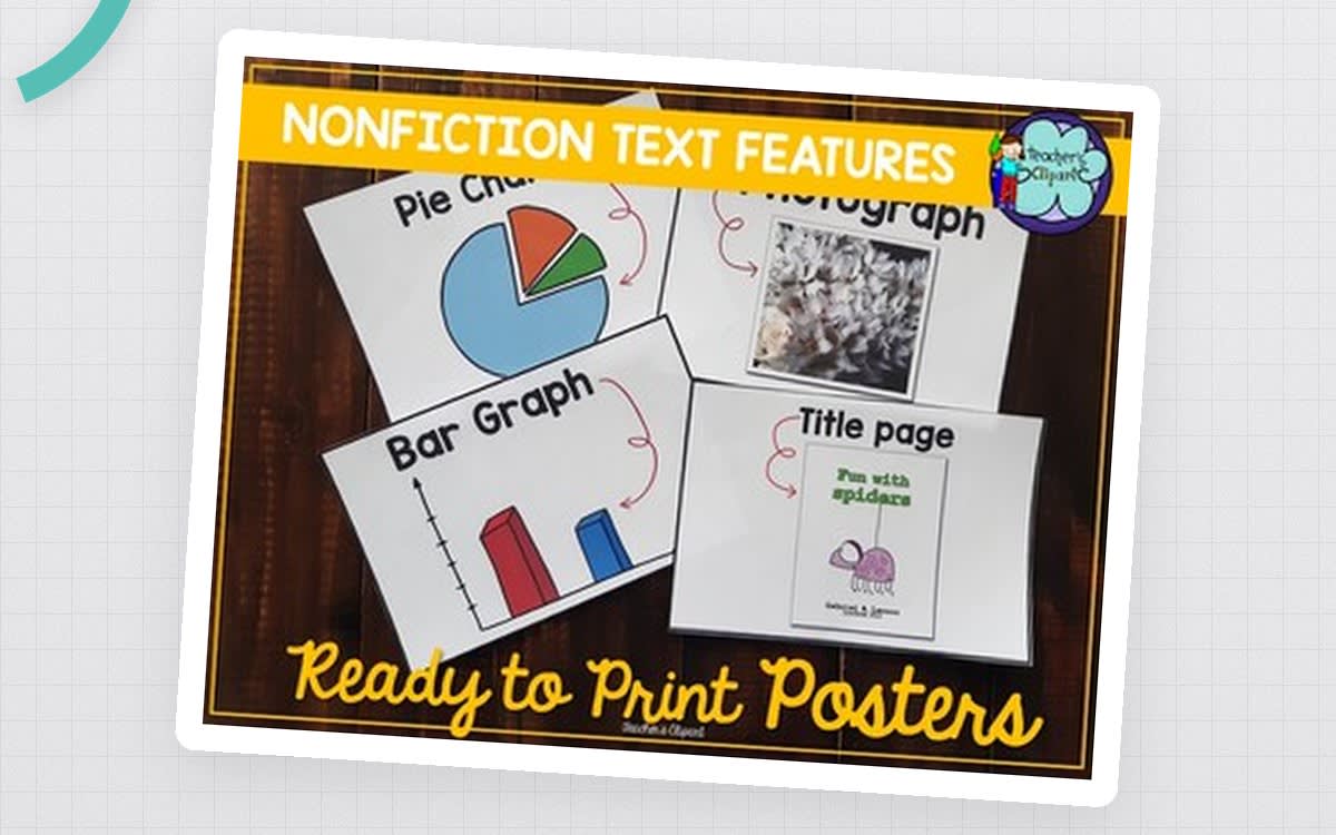 An educational teaching resource from Teacher's Clipart entitled Nonfiction Text Features Posters | Ready-to-Print Anchor Charts downloadable at Teach Simple.