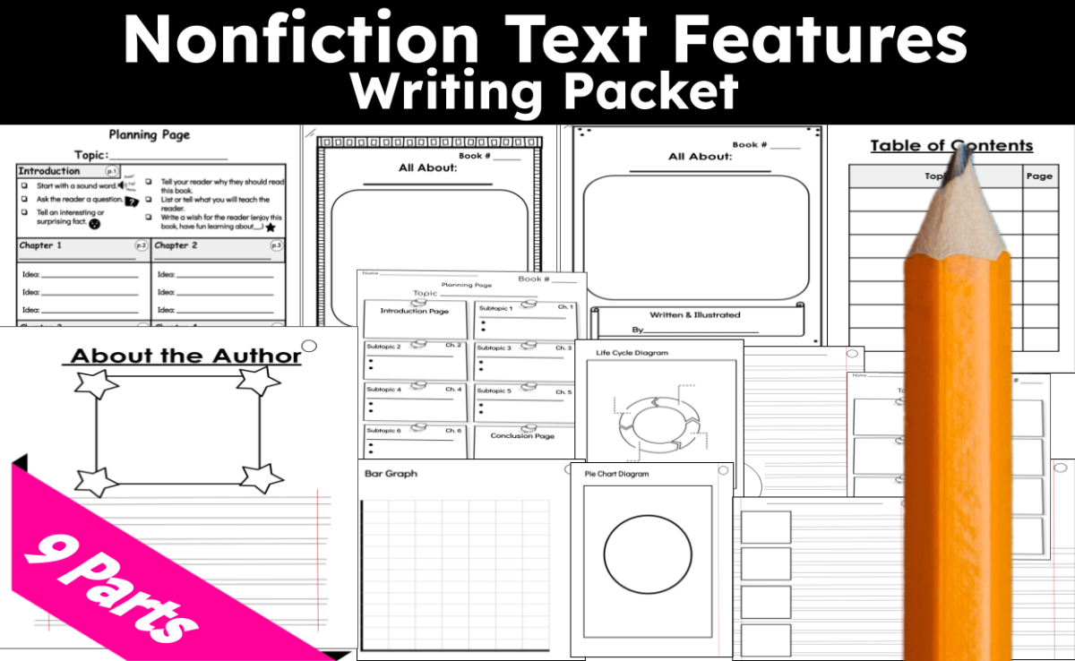 An educational teaching resource from CraftEdPrints entitled Nonfiction Text Features Writing Packet 87 pgs (9 parts) downloadable at Teach Simple.