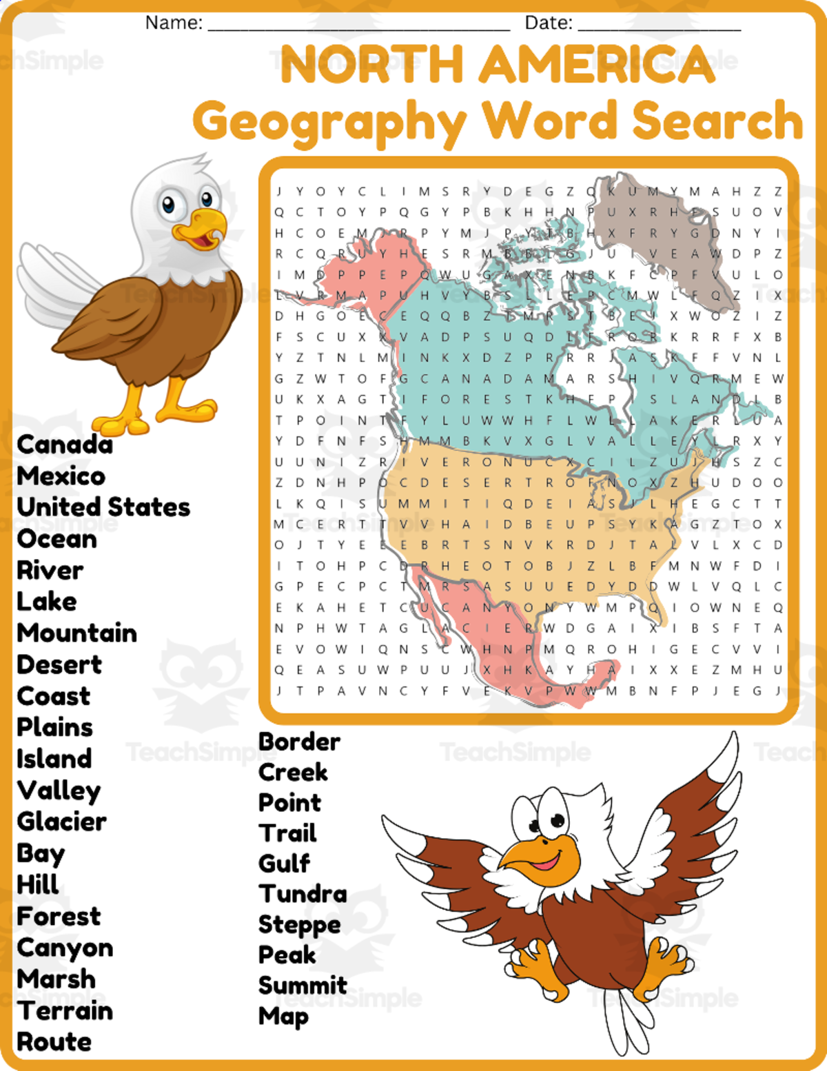 An educational teaching resource from space shope entitled NORTH AMERICA Geography with Map Word Search Worksheet Activity downloadable at Teach Simple.