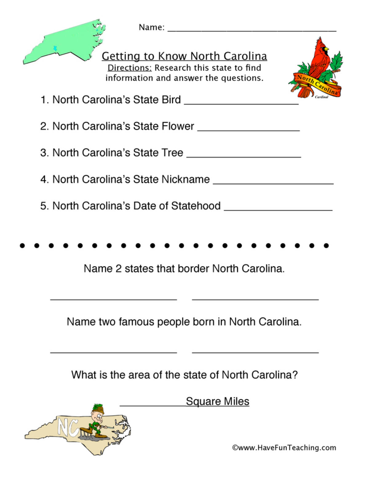 An educational teaching resource from Have Fun Teaching entitled North Carolina Worksheet downloadable at Teach Simple.