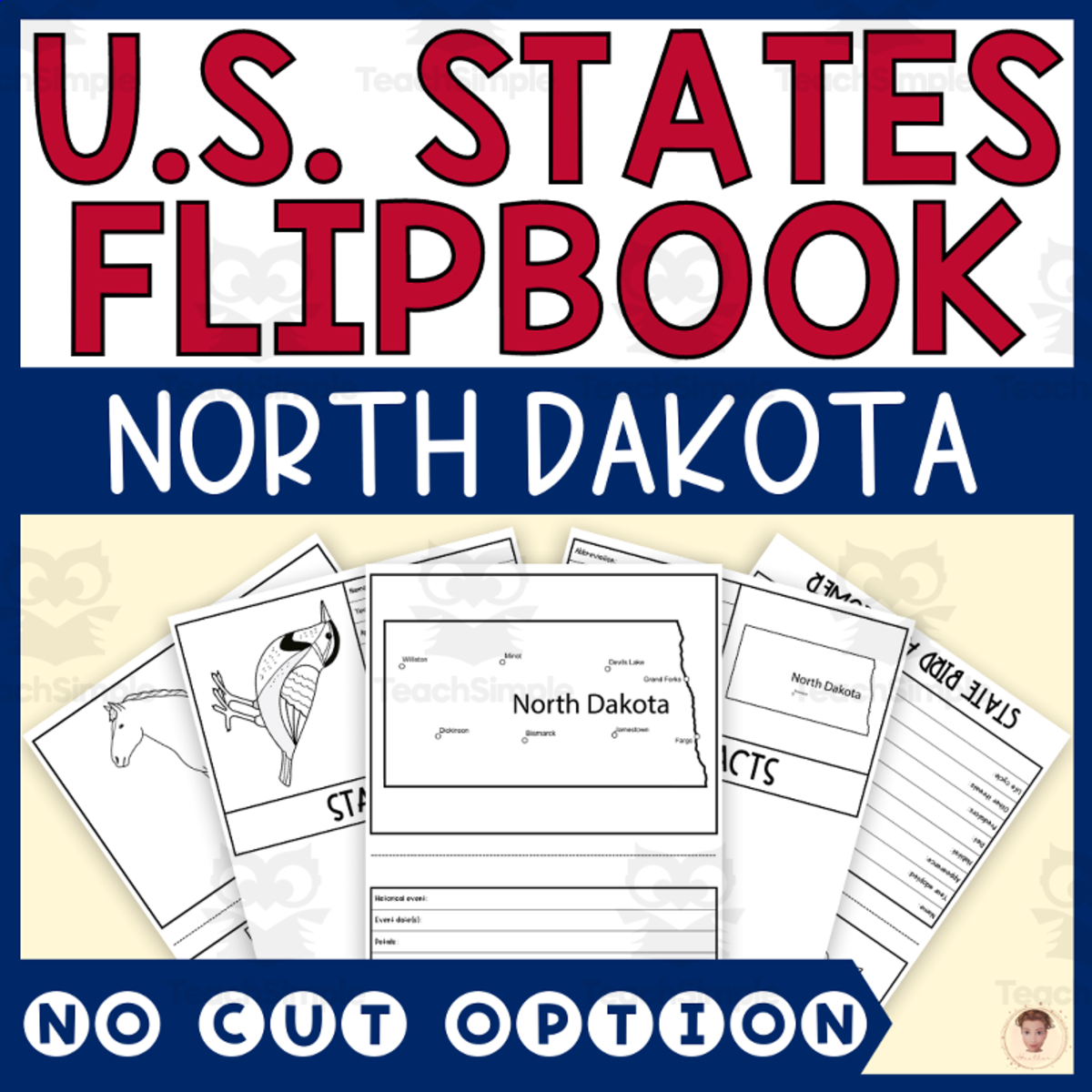 An educational teaching resource from Heather Huhman entitled North Dakota State Flipbook (Capital, Bird, Flower, Flag, Animal) downloadable at Teach Simple.