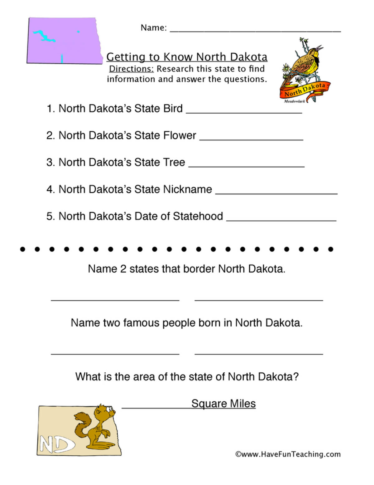 An educational teaching resource from Have Fun Teaching entitled North Dakota Worksheet downloadable at Teach Simple.