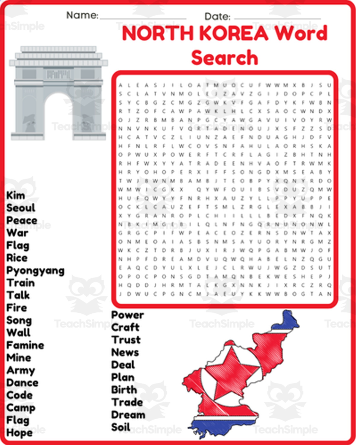 An educational teaching resource from space shope entitled NORTH KOREA Word Search Puzzle Worksheet Activity downloadable at Teach Simple.