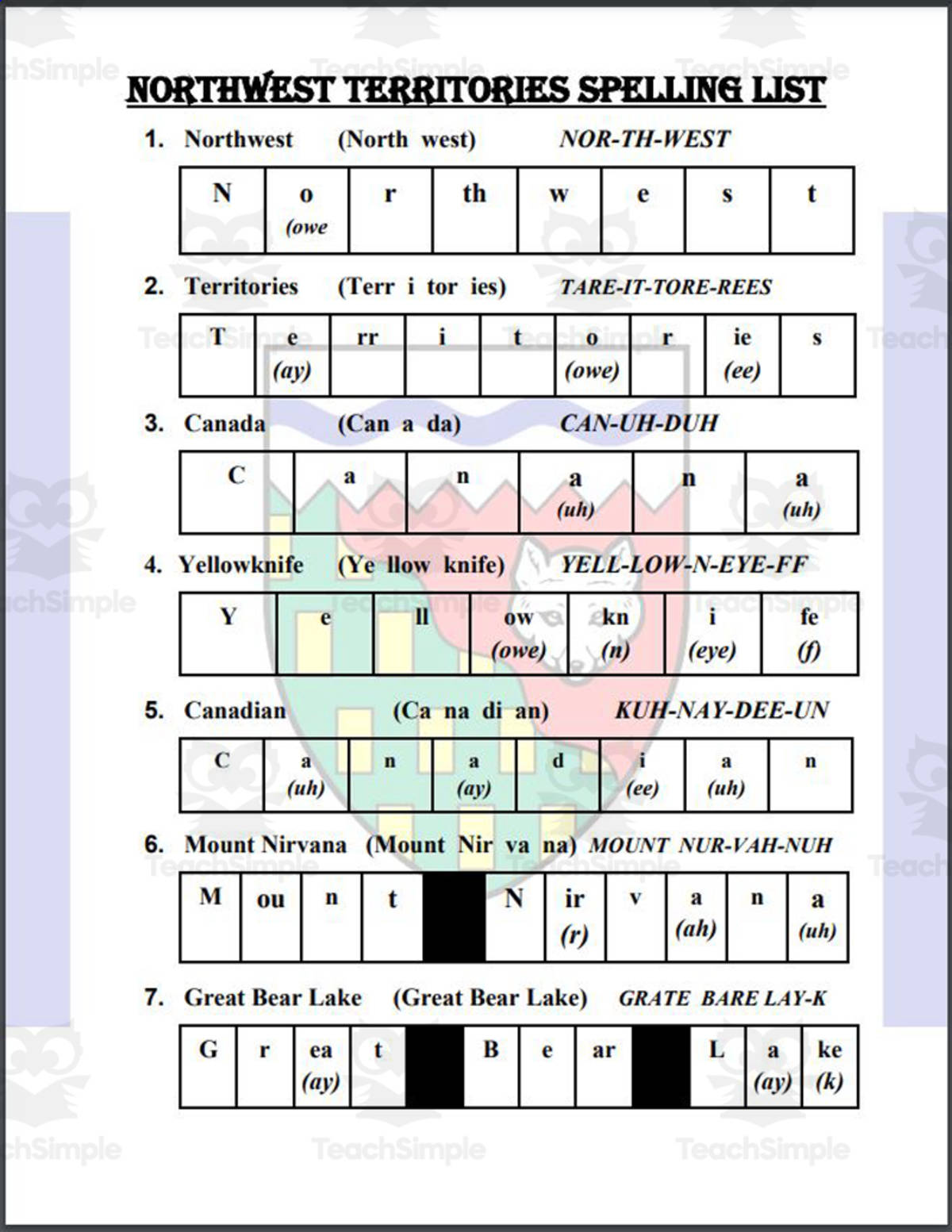 An educational teaching resource from Mr. Matthews Teacher Store entitled Northwest Territories (Canada) Spelling List downloadable at Teach Simple.