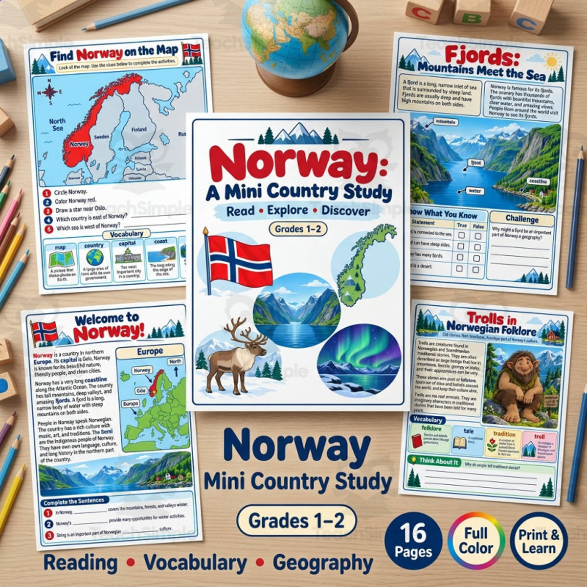 An educational teaching resource from TeachTrend Studio entitled Norway Country Study Mini Unit | Reading, Geography & Vocabulary downloadable at Teach Simple.