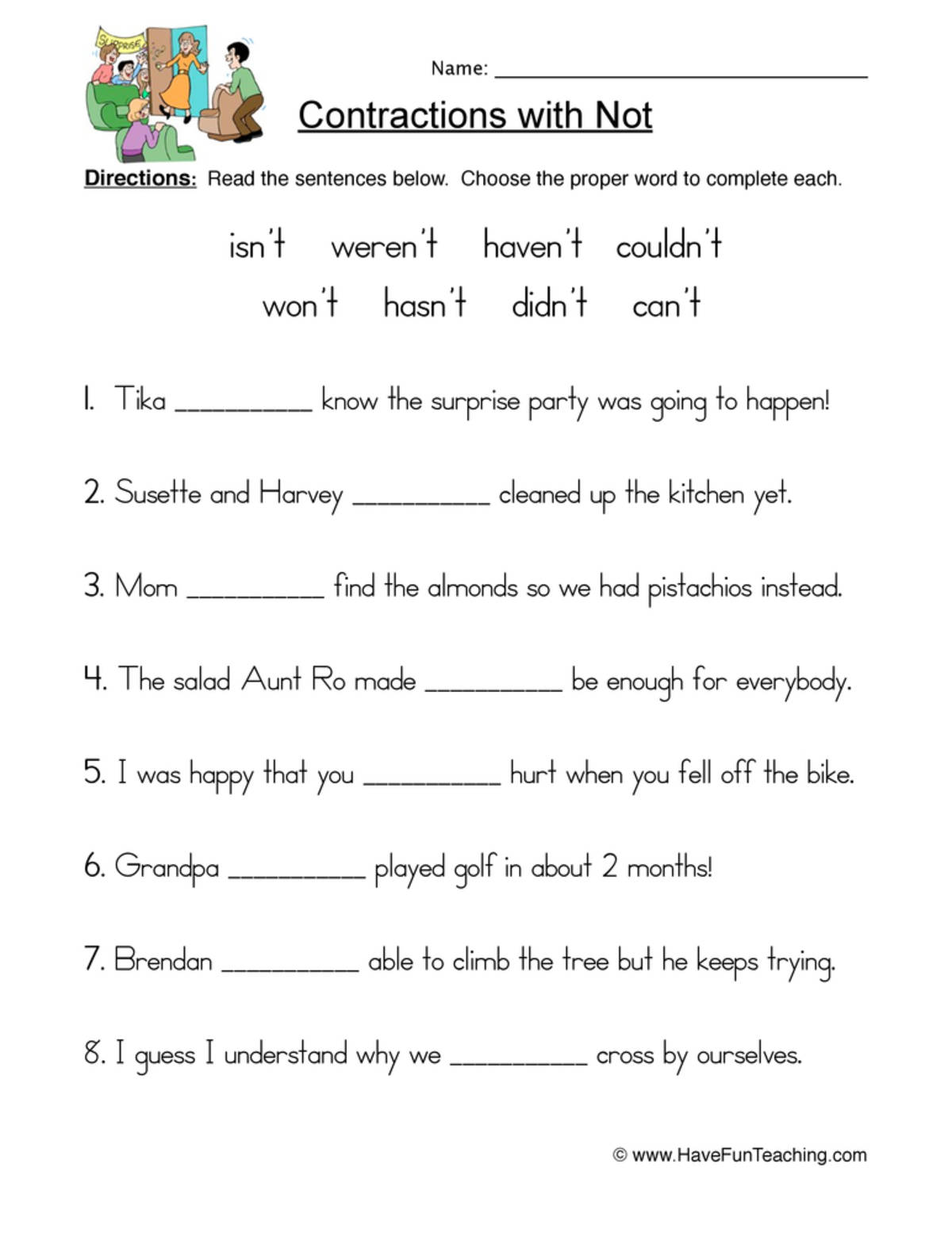 An educational teaching resource from Have Fun Teaching entitled Not Contractions Worksheet downloadable at Teach Simple.