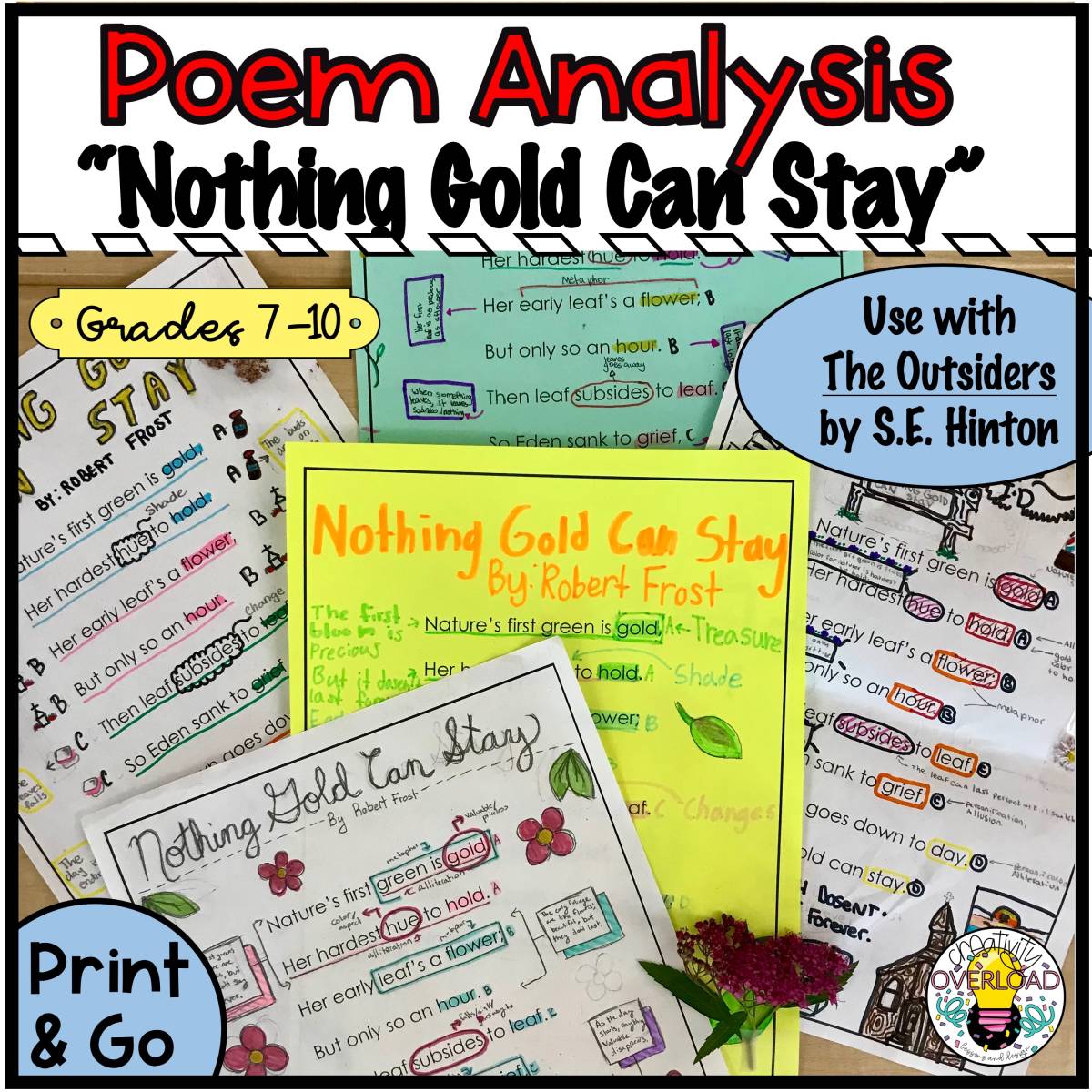 An educational teaching resource from Creativity Overload entitled Nothing Gold Can Stay Poem Analysis Activity for The Outsiders downloadable at Teach Simple.