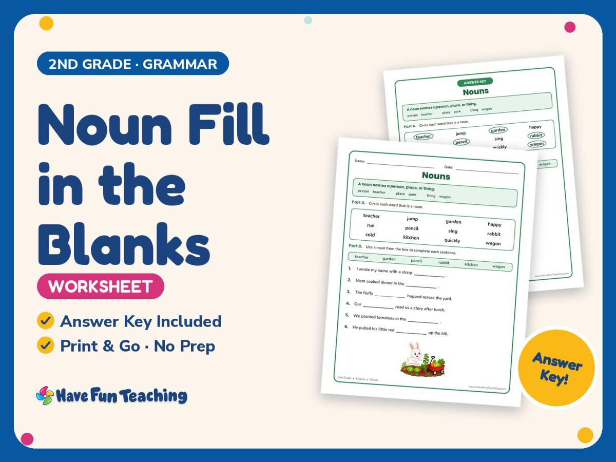 Noun Fill in the Blanks Worksheet – 2nd Grade Nouns Practice preview