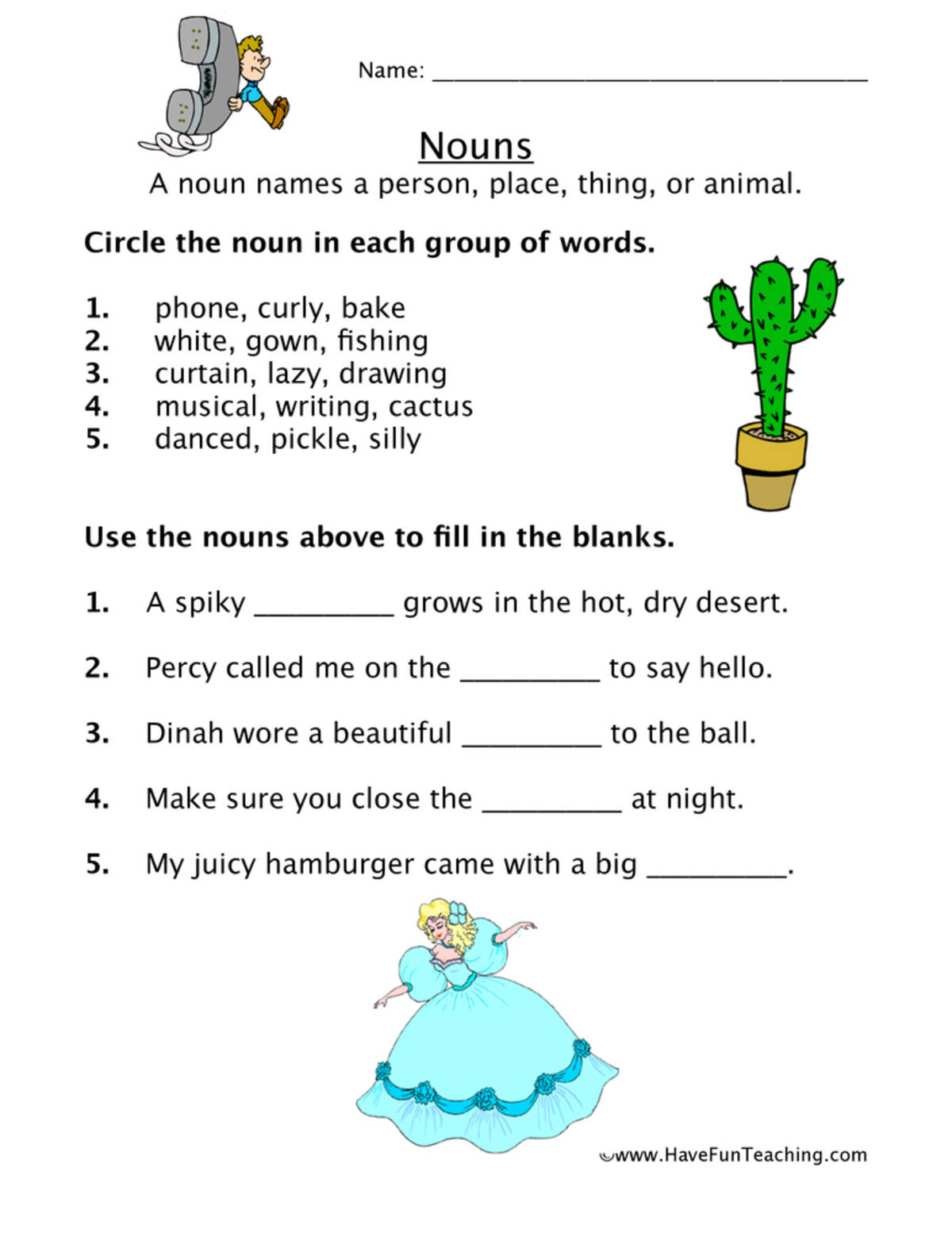 An educational teaching resource from Have Fun Teaching entitled Noun Practice Worksheet downloadable at Teach Simple.