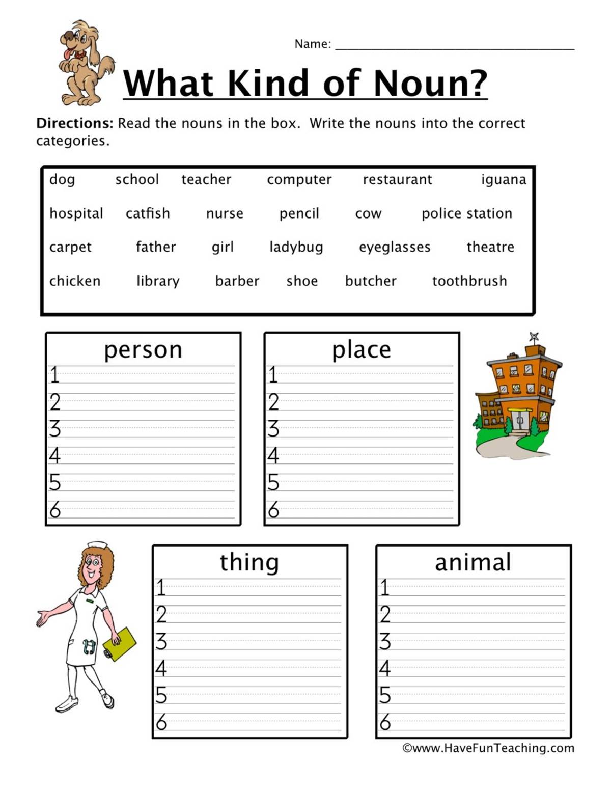 An educational teaching resource from Have Fun Teaching entitled Noun Sorting Worksheet downloadable at Teach Simple.