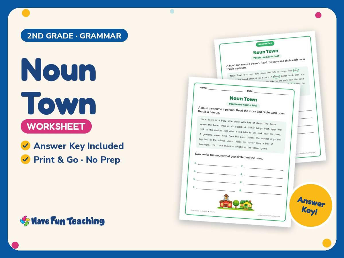 Noun Town Worksheet – 2nd Grade Nouns Practice + Answer Key preview