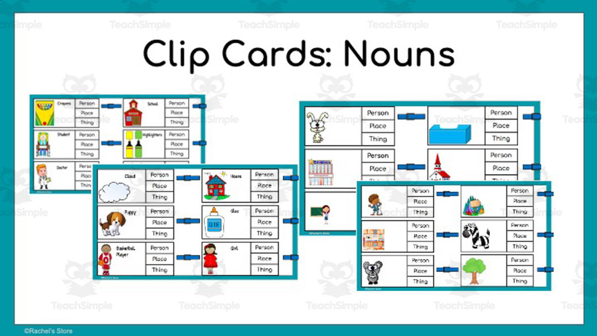 An educational teaching resource from A Day In Elementary entitled Nouns Clip Cards downloadable at Teach Simple.