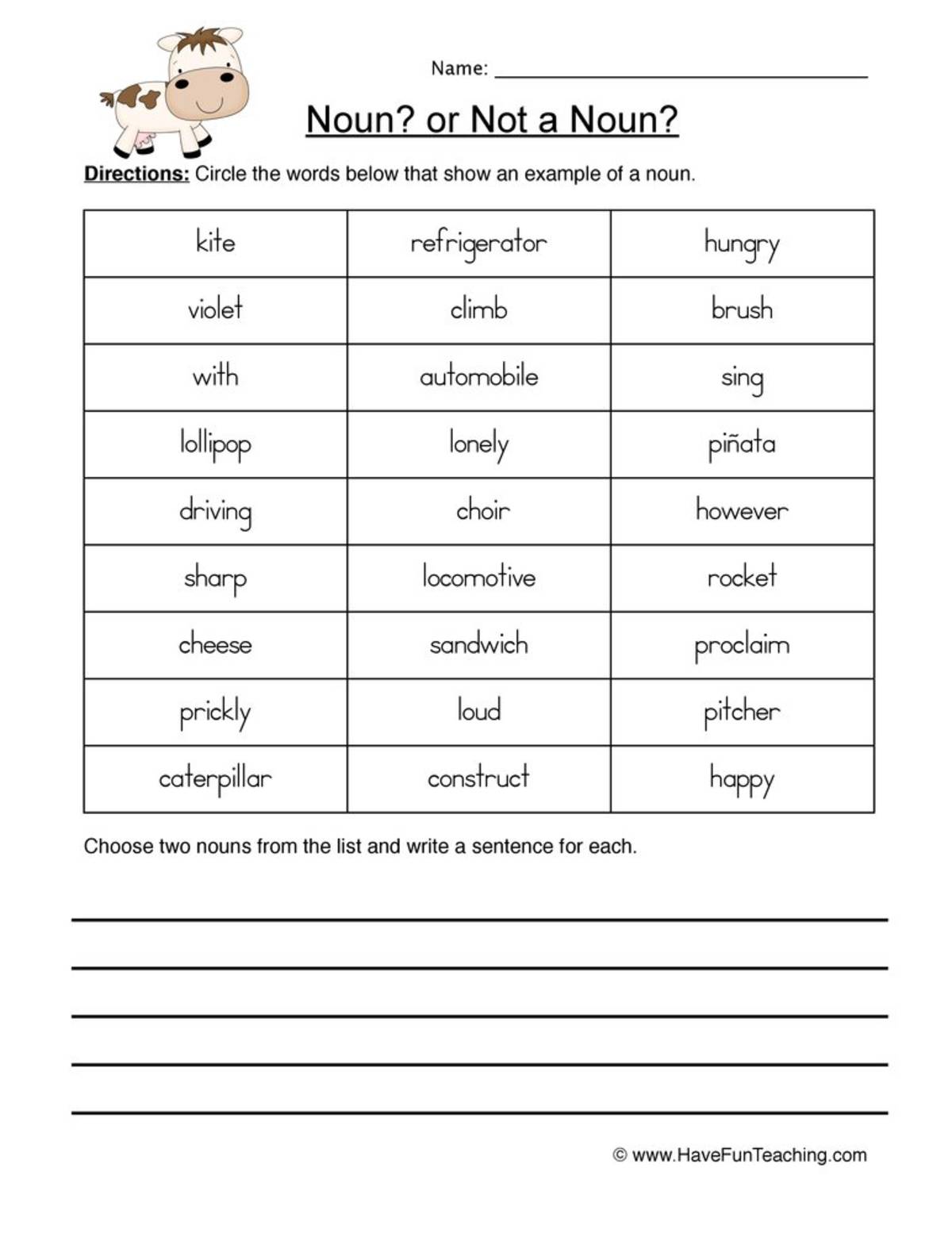 An educational teaching resource from Have Fun Teaching entitled Nouns Identification Worksheet downloadable at Teach Simple.