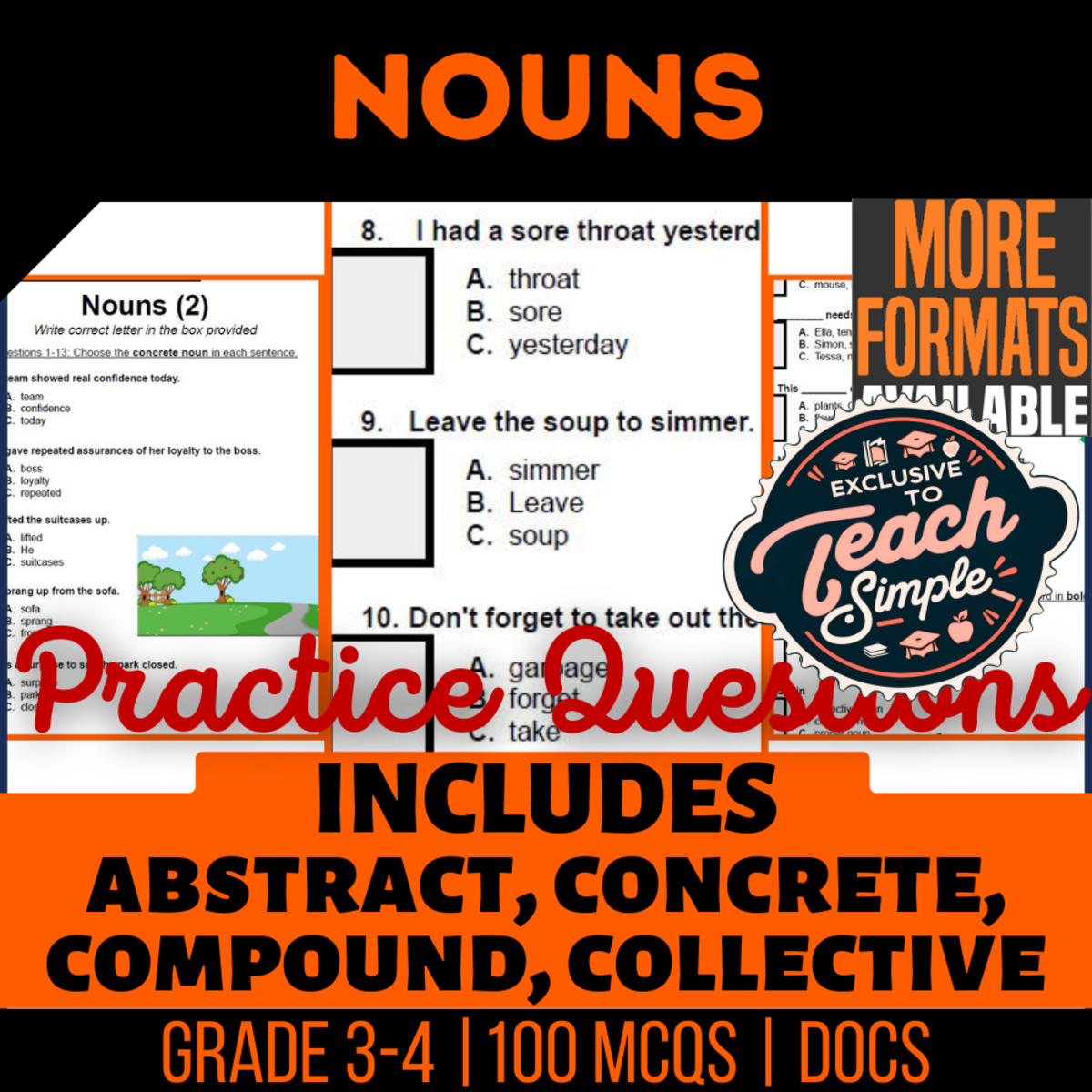 An educational teaching resource from Cored Education entitled Nouns Practice Questions - Grade 3-4 Grammar (Google Docs) downloadable at Teach Simple.