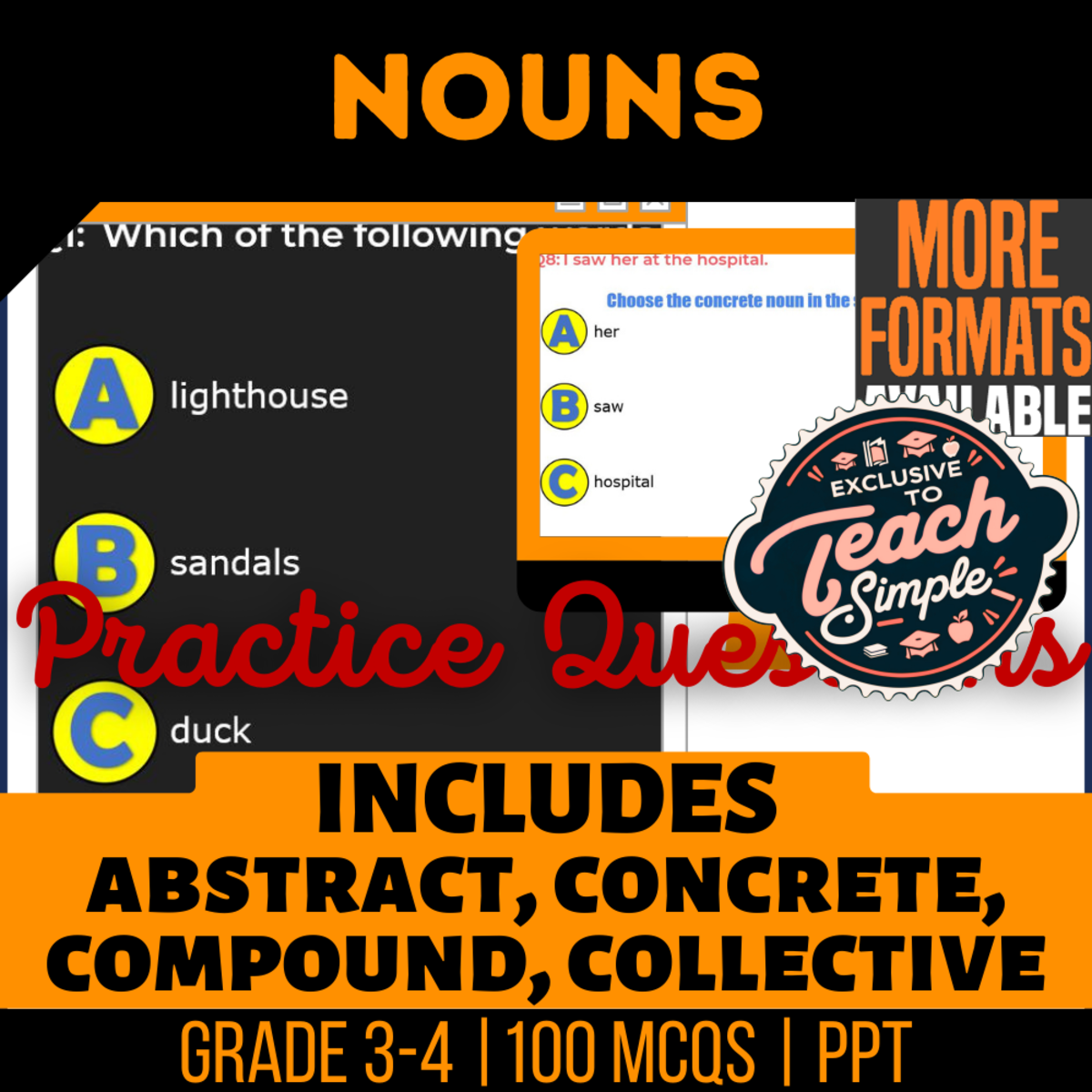 An educational teaching resource from Cored Education entitled Nouns Practice Questions - Grade 3-4 Grammar (PPT) downloadable at Teach Simple.