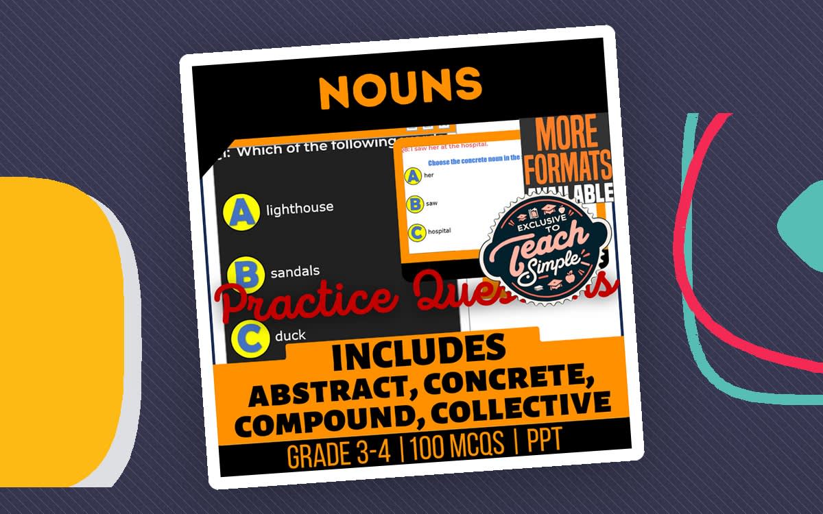 An educational teaching resource from Cored Education entitled Nouns Practice Questions - Grade 3-4 Grammar (PPT) downloadable at Teach Simple.