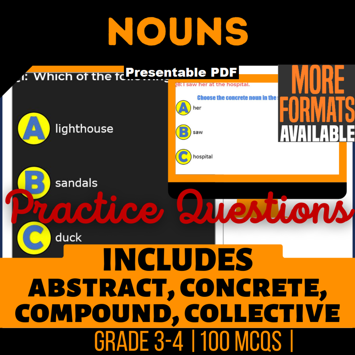An educational teaching resource from Cored Education entitled Nouns Practice Questions - Grade 3-4 Grammar (Presentable PDF) downloadable at Teach Simple.