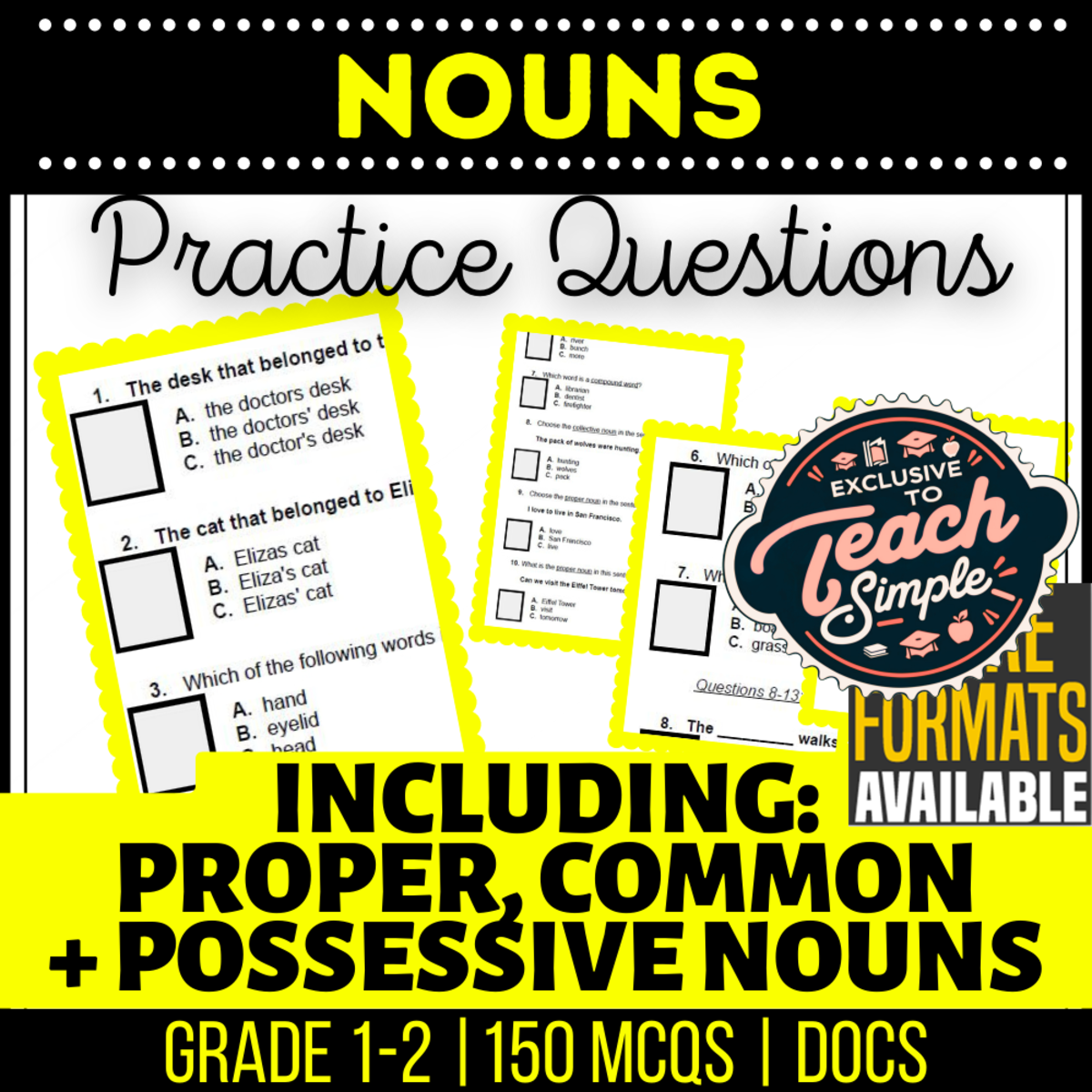 An educational teaching resource from Cored Education entitled Nouns Practice Questions - Grades 1-2 Grammar (Docs) downloadable at Teach Simple.