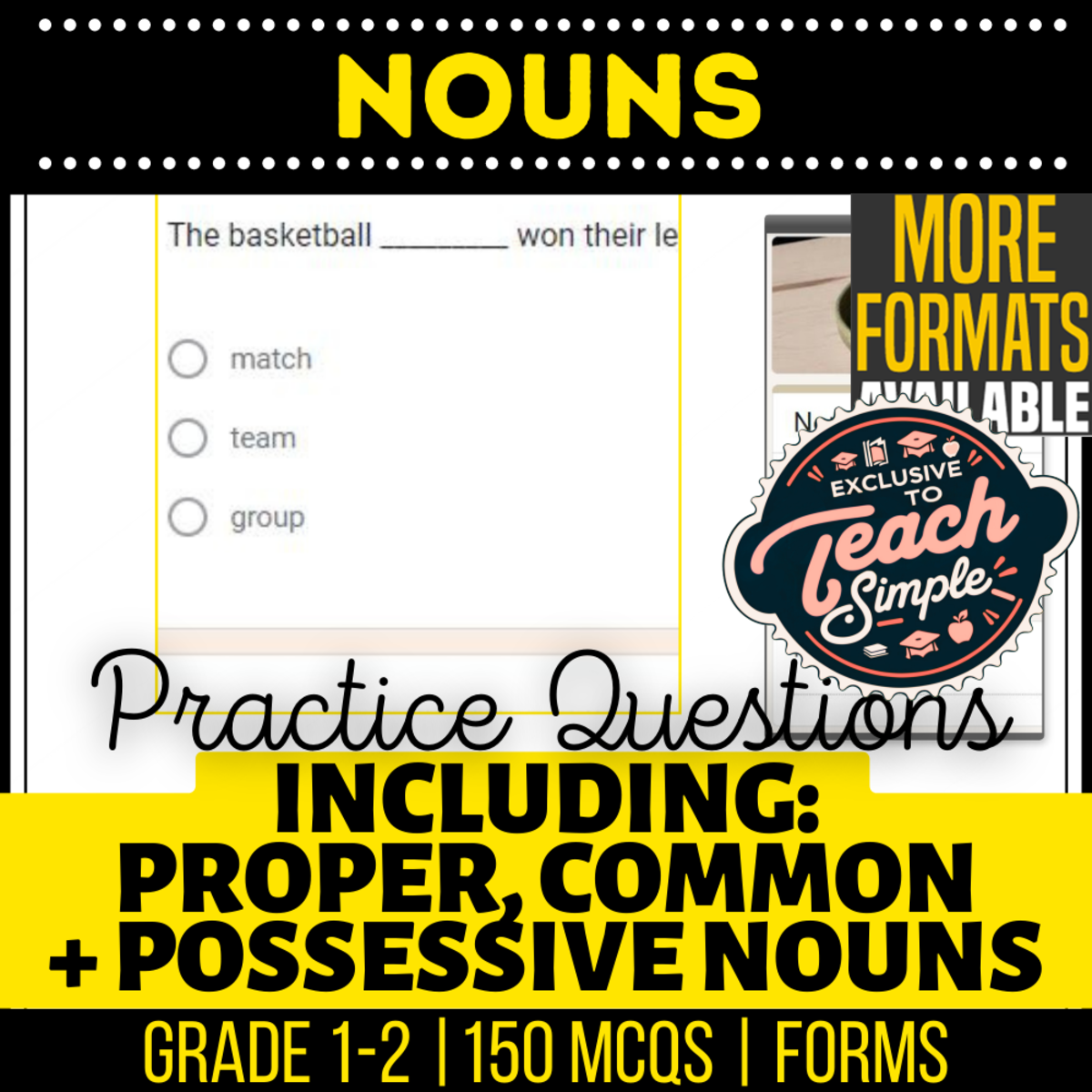 An educational teaching resource from Cored Education entitled Nouns Practice Questions - Grades 1-2 Grammar (Forms) downloadable at Teach Simple.