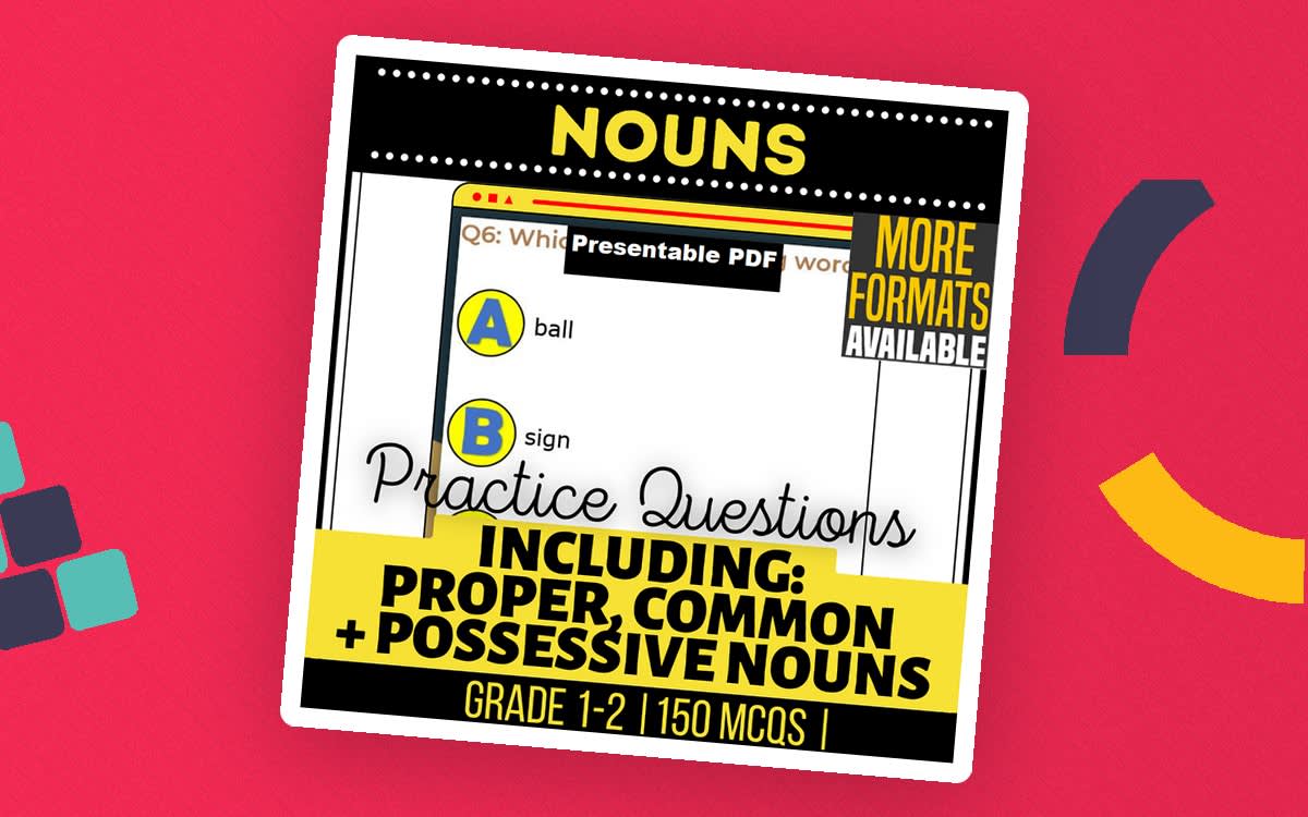 An educational teaching resource from Cored Education entitled Nouns Practice Questions - Grades 1-2 Grammar Presentable PDF downloadable at Teach Simple.
