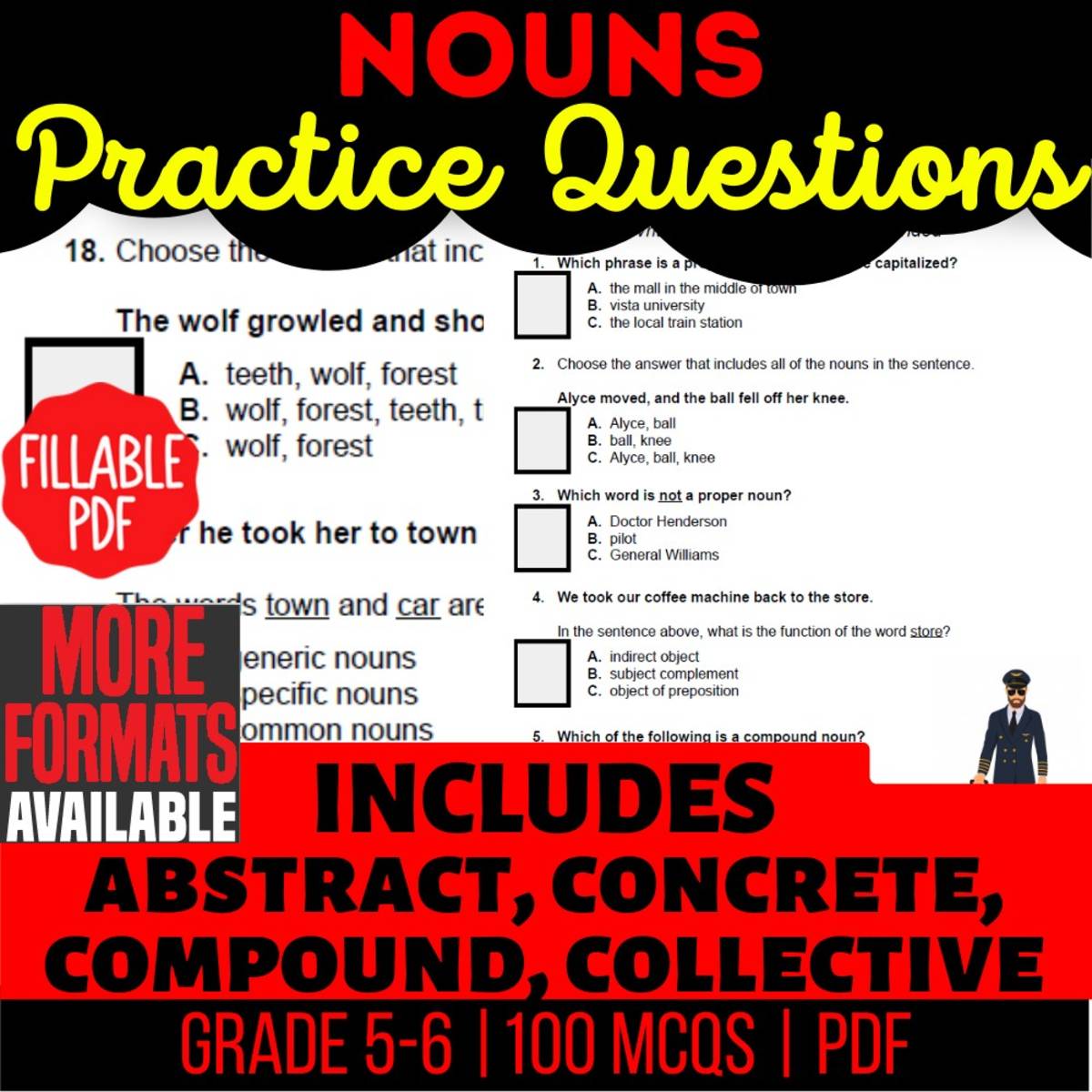 An educational teaching resource from Cored Education entitled Nouns Practice Questions - Grammar Grade 5-6 (Fillable PDF) downloadable at Teach Simple.
