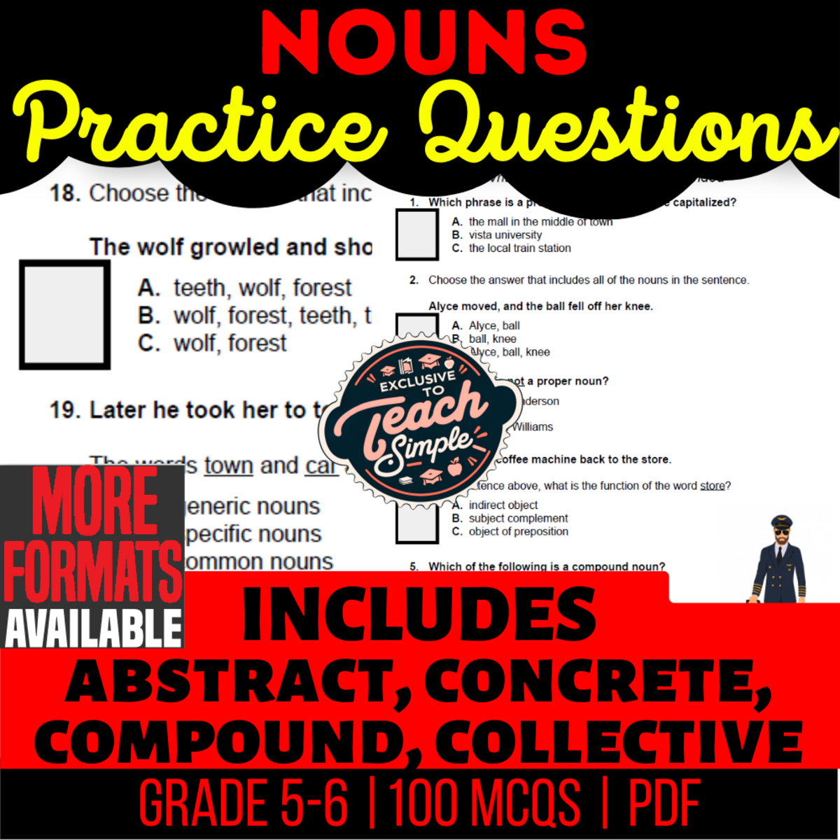 An educational teaching resource from Cored Education entitled Nouns Practice Questions - Grammar Grade 5-6 (PDF) downloadable at Teach Simple.