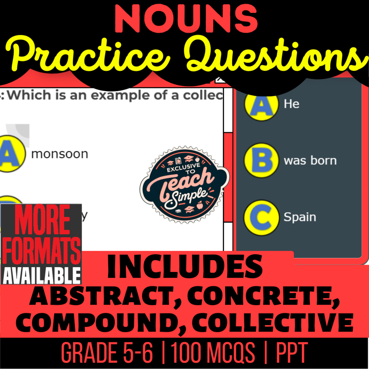 An educational teaching resource from Cored Education entitled Nouns Practice Questions - Grammar Grade 5-6 (PPT) downloadable at Teach Simple.