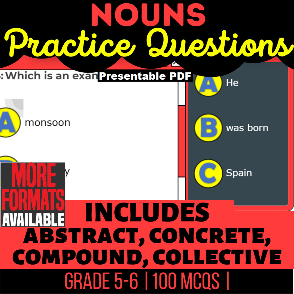 An educational teaching resource from Cored Education entitled Nouns Practice Questions - Grammar Grade 5-6 (Presentable PDF) downloadable at Teach Simple.