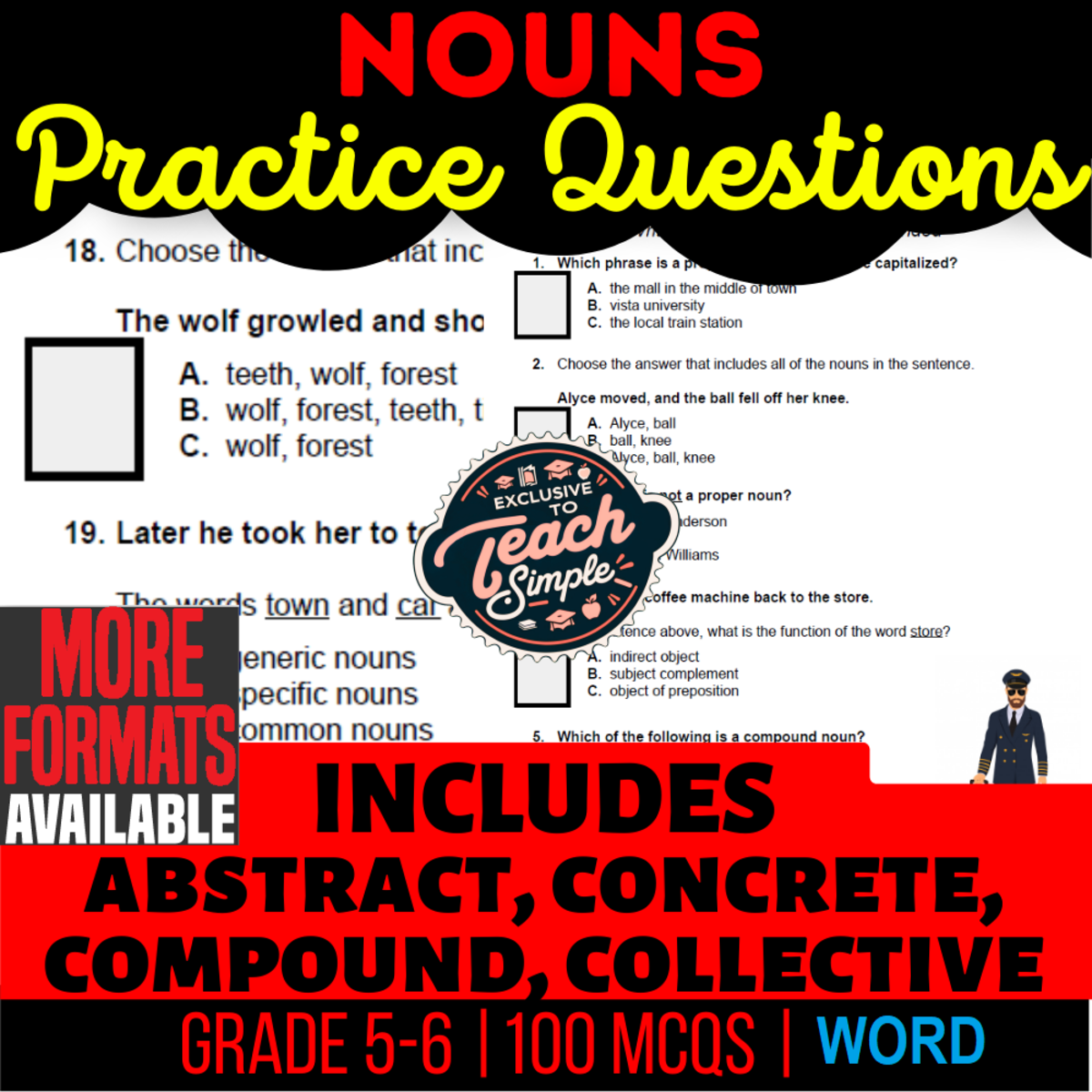 An educational teaching resource from Cored Education entitled Nouns Practice Questions - Grammar Grade 5-6 (Word) downloadable at Teach Simple.